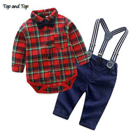 Top and Top Spring Cotton Gentleman Baby Boys Clothes Clothing Sets Plaid Long Sleeve Biw tie Shirt Rompers Suspenders Pants