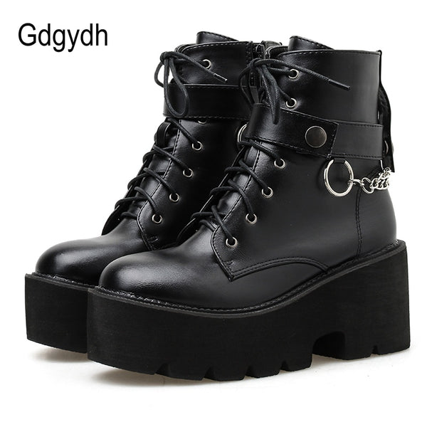 New Sexy Chain Women Leather Autumn Boots Block Heel Gothic Black Punk Style Platform Shoes Female Footwear High Quality