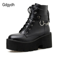 New Sexy Chain Women Leather Autumn Boots Block Heel Gothic Black Punk Style Platform Shoes Female Footwear High Quality
