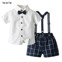 Top and Top Fashion Kids Summer Casual Outfits Short Sleeve Bowtie Shirt+Overalls Gentleman Clothes Little Boys Clothing Set