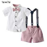 Top and Top Fashion Kids Summer Casual Outfits Short Sleeve Bowtie Shirt+Overalls Gentleman Clothes Little Boys Clothing Set