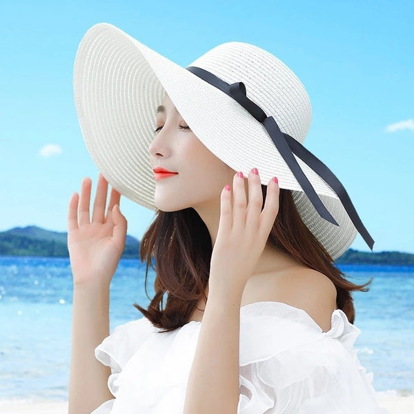 Summer Wide Brim white Straw Hats Big Sun Hats For Women UV Protection Panama  floppy Beach Hats Ladies bow hat chapeau femme