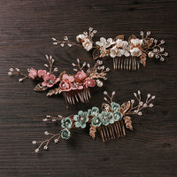 Fashion Luxury  Blue Flower Hair Combs Headdress Prom Bridal Wedding Hair Accessories Gold Leaves Hair Jewelry Hair Pins