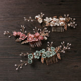 Fashion Luxury  Blue Flower Hair Combs Headdress Prom Bridal Wedding Hair Accessories Gold Leaves Hair Jewelry Hair Pins