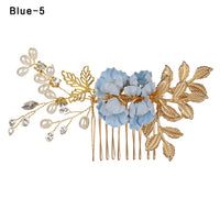 Fashion Luxury  Blue Flower Hair Combs Headdress Prom Bridal Wedding Hair Accessories Gold Leaves Hair Jewelry Hair Pins