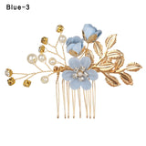 Fashion Luxury  Blue Flower Hair Combs Headdress Prom Bridal Wedding Hair Accessories Gold Leaves Hair Jewelry Hair Pins