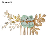 Fashion Luxury  Blue Flower Hair Combs Headdress Prom Bridal Wedding Hair Accessories Gold Leaves Hair Jewelry Hair Pins