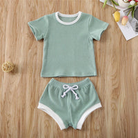 Toddler Baby Boys Girls Summer Clothing Newborn Kids Baby Girls Ribbed Knitted Short Sleeve T-shirts+Shorts Tracksuits Sets