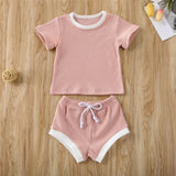 Toddler Baby Boys Girls Summer Clothing Newborn Kids Baby Girls Ribbed Knitted Short Sleeve T-shirts+Shorts Tracksuits Sets