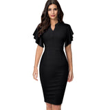 Nice-forever Vintage Solid Color Elegant Office Work vestidos Business Party Bodycon Ruffle Women Pencil Dress B572