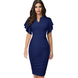 Nice-forever Vintage Solid Color Elegant Office Work vestidos Business Party Bodycon Ruffle Women Pencil Dress B572