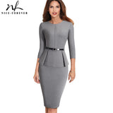 Nice-forever Vintage Elegant Wear to Work with Belt Peplum vestidos Business Party Bodycon Office Career Women Dress B473