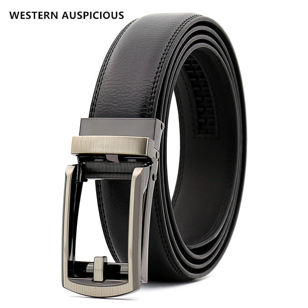 WESTERN AUSPICIOUS Automatic Leather Belt Men Genuine Leather Men Belts with Alloy Buckle Designer Belts Black Coffee 90-130CM