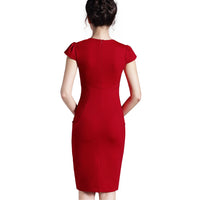 Nice-forever Office Women Vintage Summer Solid Deep V neck Zipper Back Formal Stretch Pencil work Bodycon Pocket Dress 521