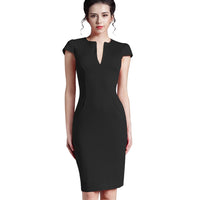 Nice-forever Office Women Vintage Summer Solid Deep V neck Zipper Back Formal Stretch Pencil work Bodycon Pocket Dress 521