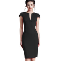 Nice-forever Office Women Vintage Summer Solid Deep V neck Zipper Back Formal Stretch Pencil work Bodycon Pocket Dress 521