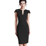 Nice-forever Office Women Vintage Summer Solid Deep V neck Zipper Back Formal Stretch Pencil work Bodycon Pocket Dress 521
