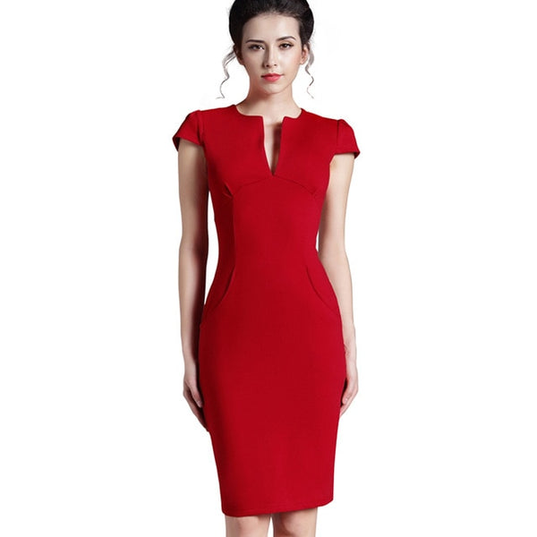 Nice-forever Office Women Vintage Summer Solid Deep V neck Zipper Back Formal Stretch Pencil work Bodycon Pocket Dress 521