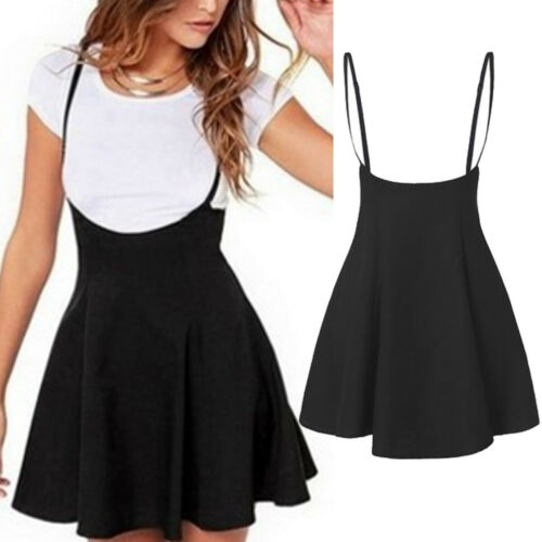 Women's High Waist Strap Mini Skirt Pleated Skater Overall Flare Suspender Skirt