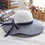 Hot Sale Fashion Hepburn Wind Black White Striped Bowknot Summer Sun Hat Beautiful Women Straw Beach Hat Large Brimmed Hat