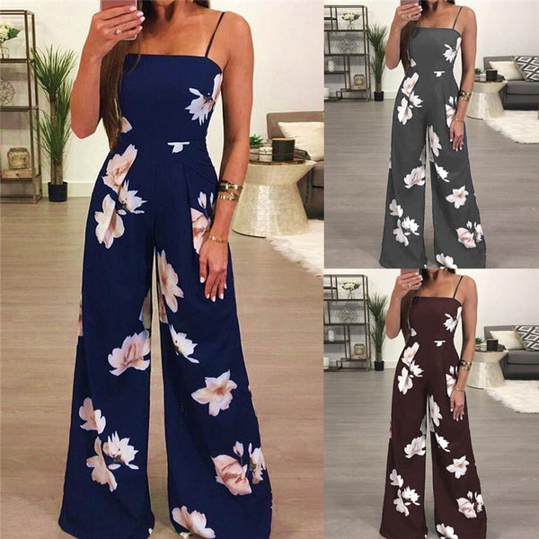 Women Elegant Sleevless Strap Playsuit Romper Jumpsuit Floral Print Backless Hollow Out Wide Leg Pants High Waist Jumpsuit