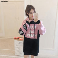 Autumn Winter Clothes Casual Fleece Loose Long Sleeve Patchwork Long Pullover Hoodies Women Sweatshirt