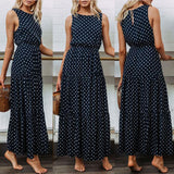 Bobo Women Dark Blue Loose Sleeveless Holiday Dot Print Long Maxi Dress Evening Party Beach Dresses Summer Sundress