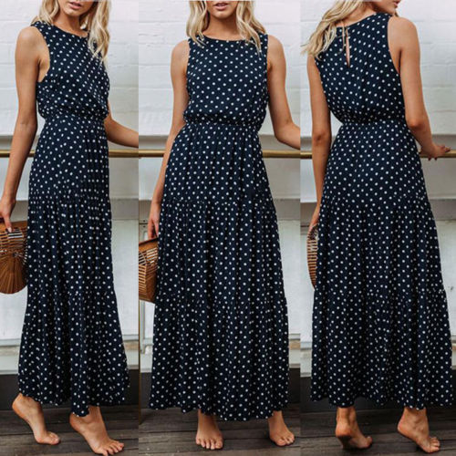 Bobo Women Dark Blue Loose Sleeveless Holiday Dot Print Long Maxi Dress Evening Party Beach Dresses Summer Sundress