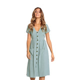 Cotton Linen Women Summer Dress Casual V-neck Button Pocket Short Sleeve A-line Midi Dresses For Women Vestidos