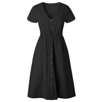 Cotton Linen Women Summer Dress Casual V-neck Button Pocket Short Sleeve A-line Midi Dresses For Women Vestidos