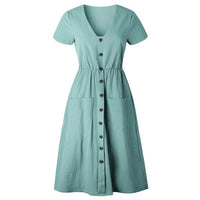 Cotton Linen Women Summer Dress Casual V-neck Button Pocket Short Sleeve A-line Midi Dresses For Women Vestidos