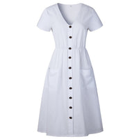 Cotton Linen Women Summer Dress Casual V-neck Button Pocket Short Sleeve A-line Midi Dresses For Women Vestidos