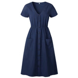 Cotton Linen Women Summer Dress Casual V-neck Button Pocket Short Sleeve A-line Midi Dresses For Women Vestidos
