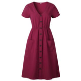 Cotton Linen Women Summer Dress Casual V-neck Button Pocket Short Sleeve A-line Midi Dresses For Women Vestidos