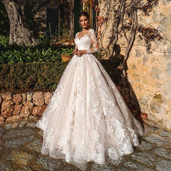 Luxury A Line Wedding Dresses V neck Lace Appliques Illusion Long Sleeves Wedding Dress Bridal Gowns Plus Size vestido de noiva