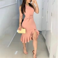 Women Fashion Elegant Lady Dress Party Sweet Workwear Dress Casual One Shoulder Waist Twisted Ruffles Hem Dress