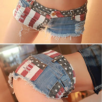 Hot Women Summer Low Waist Sexy Star Stripe Trendy Slim American US Flag Printed Mini Jeans Denim Shorts Large Size