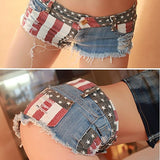 Hot Women Summer Low Waist Sexy Star Stripe Trendy Slim American US Flag Printed Mini Jeans Denim Shorts Large Size