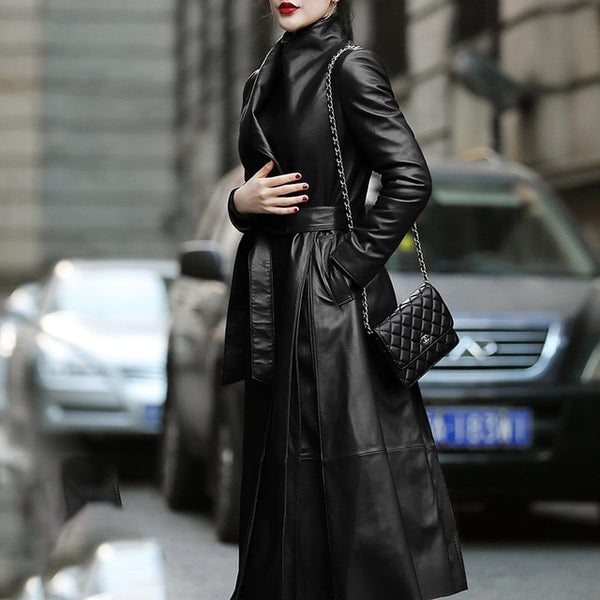 Nerazzurri Autumn long leather trench coat for women belt long sleeve skirted faux leather coat women plus size 7xl