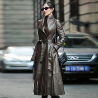 Nerazzurri Autumn long leather trench coat for women belt long sleeve skirted faux leather coat women plus size 7xl