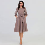 QRWR Summer Autumn Women Dress Solid Color High Waist A Line Ladies Midi Dresses Casual Puff Sleeve Vintage Dress Women
