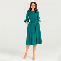 QRWR Summer Autumn Women Dress Solid Color High Waist A Line Ladies Midi Dresses Casual Puff Sleeve Vintage Dress Women