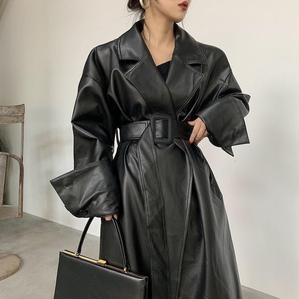 Lautaro Long oversized leather trench coat for women long sleeve lapel loose fit Fall black women plus size clothing streetwear