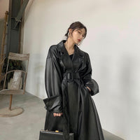 Lautaro Long oversized leather trench coat for women long sleeve lapel loose fit Fall black women plus size clothing streetwear