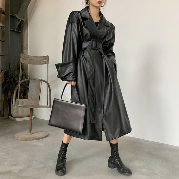 Lautaro Long oversized leather trench coat for women long sleeve lapel loose fit Fall black women plus size clothing streetwear