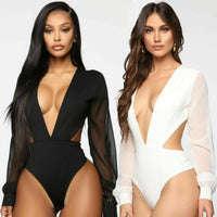 Women Sexy Deep V Long Sleeve Bodysuit Romper Jumpsuit Leotard Tops Blouse