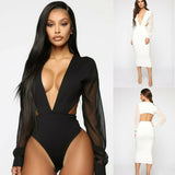 Women Sexy Deep V Long Sleeve Bodysuit Romper Jumpsuit Leotard Tops Blouse