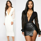Women Sexy Deep V Long Sleeve Bodysuit Romper Jumpsuit Leotard Tops Blouse
