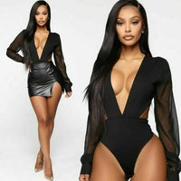 Women Sexy Deep V Long Sleeve Bodysuit Romper Jumpsuit Leotard Tops Blouse