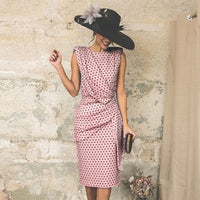 QRWR Summer Vintage Women Dress Dot Sleeveless Sheath Bodycon Sexy Party Dress Female Knee Length Elegant Midi Dress Women